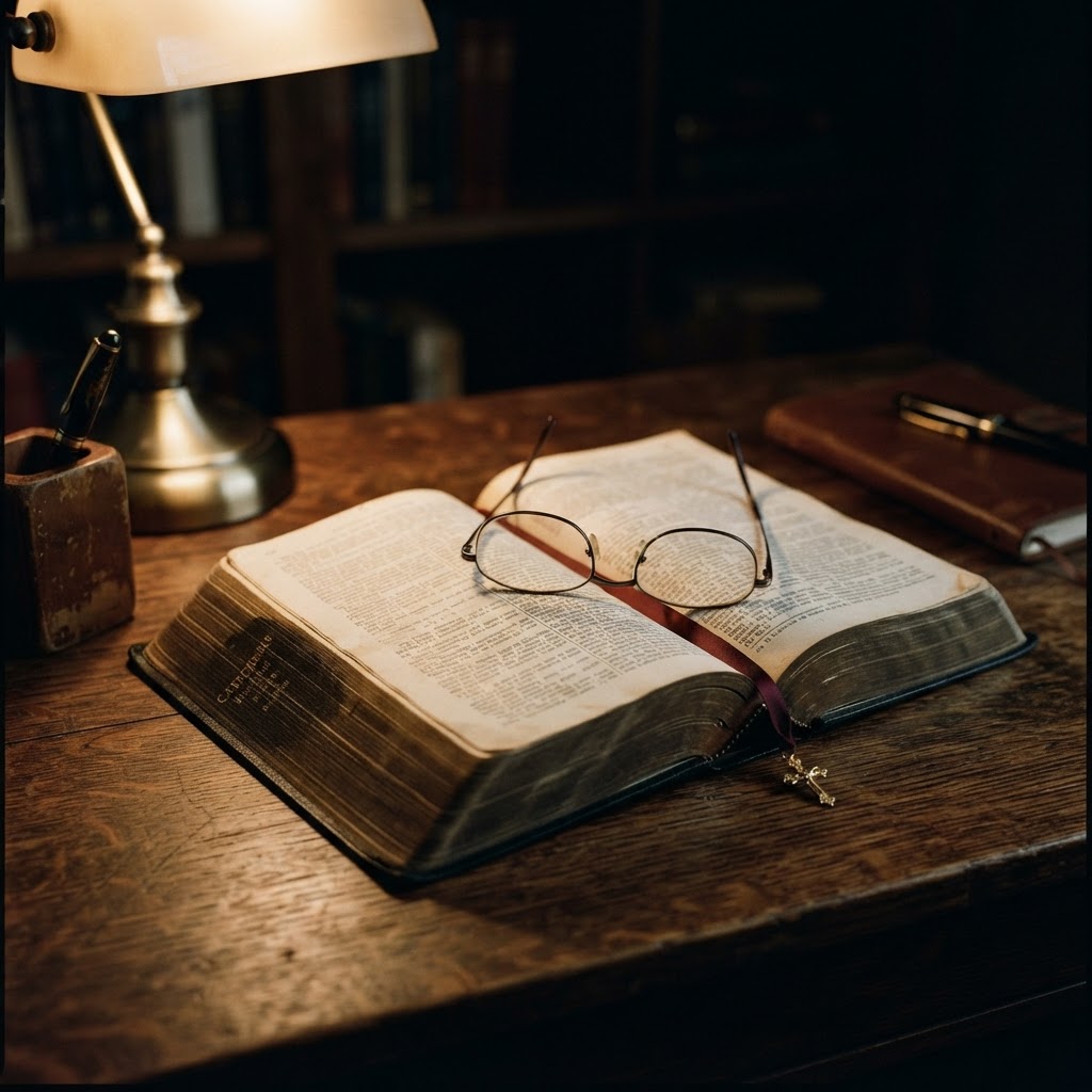 A thick catechism open on dark wood with reading glasses and a gold bookmark