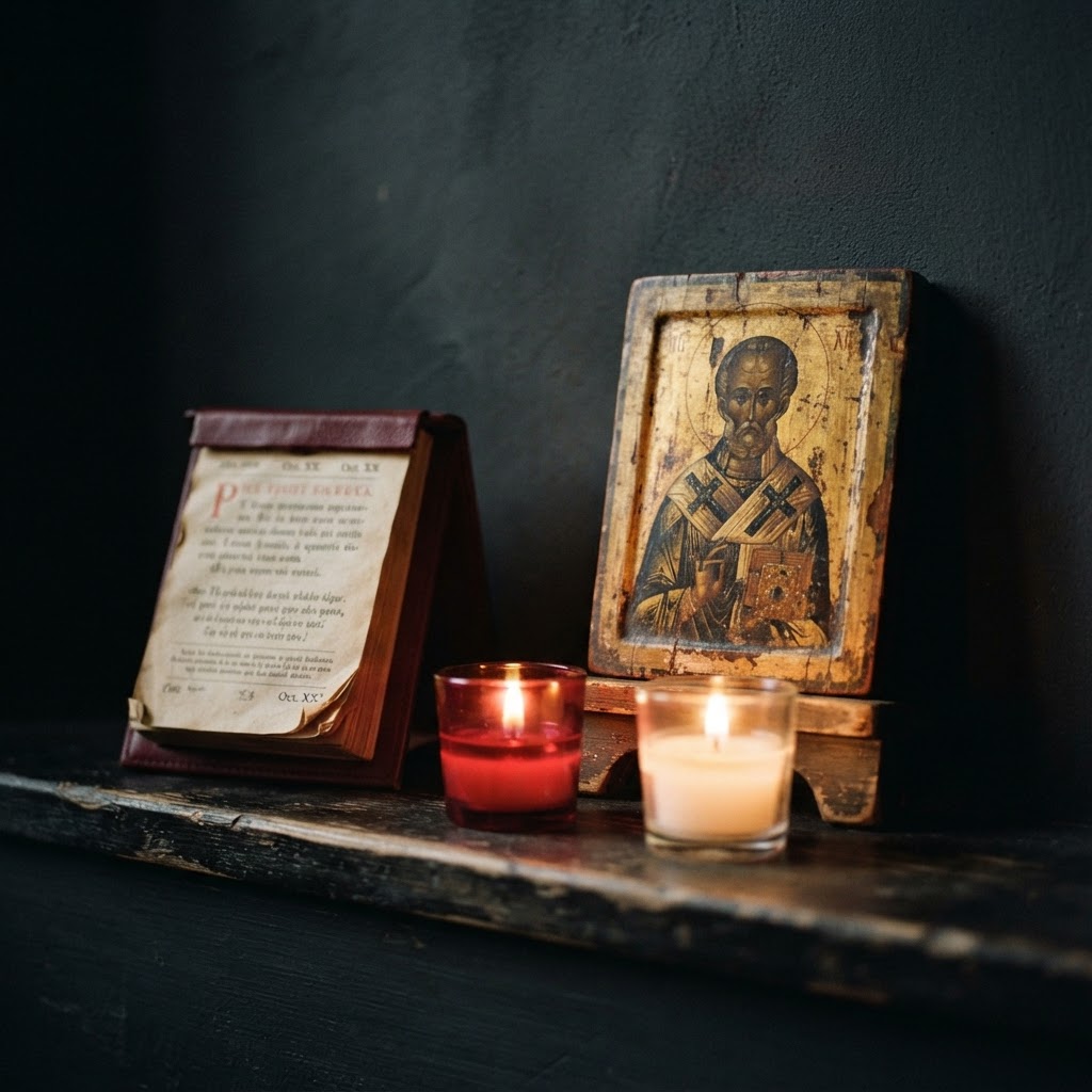 A liturgical calendar, a painted saint icon and votive candles on a dark ledge