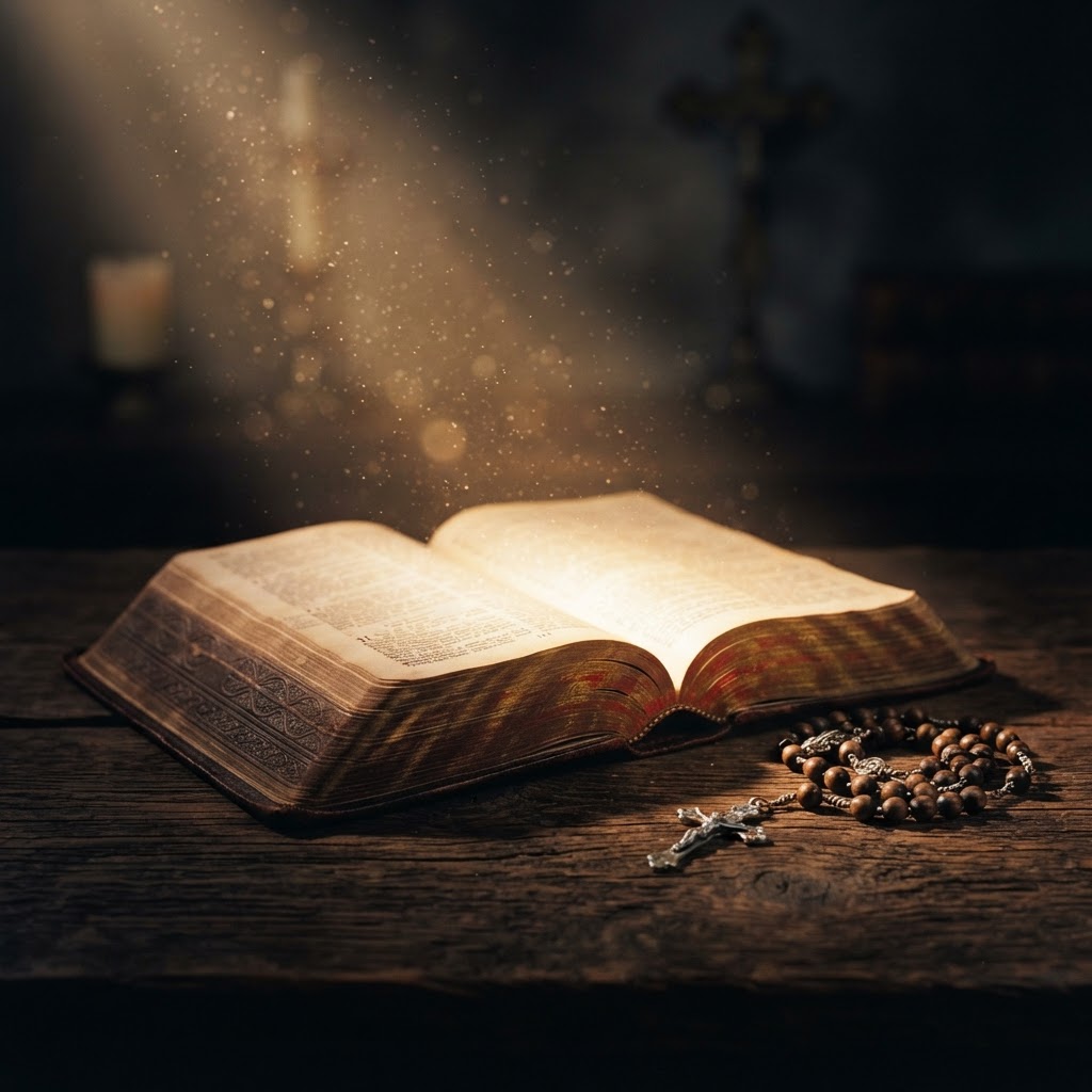 An open Bible with rosary beads, light glowing from the pages