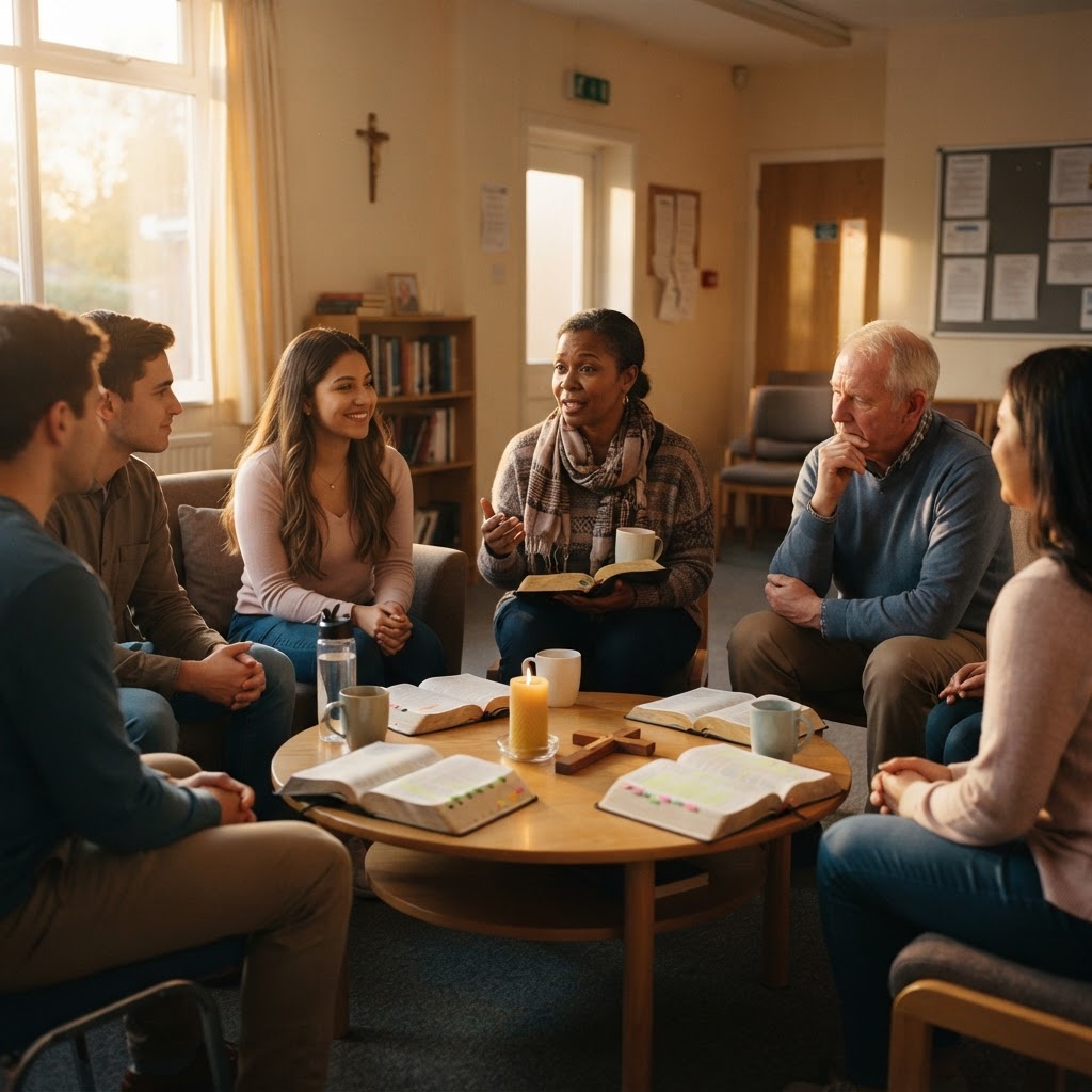 A small group of adults seated in a circle in a parish hall with open Bibles, one speaking while the others listen.