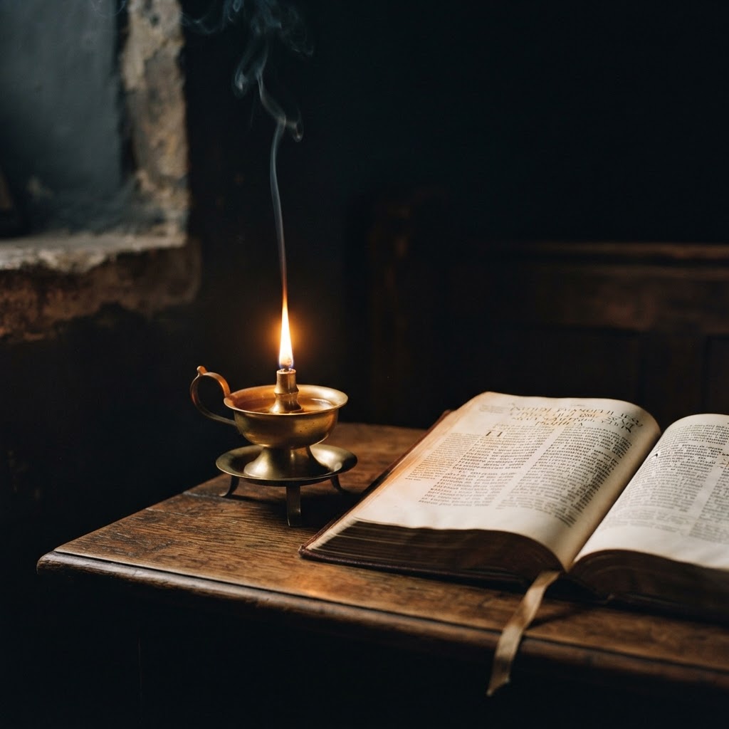 A single oil lamp burning with a steady golden flame beside open scripture