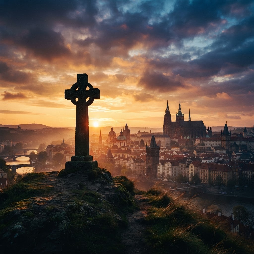 A stone cross silhouetted against a dawn sky over a cathedral skyline