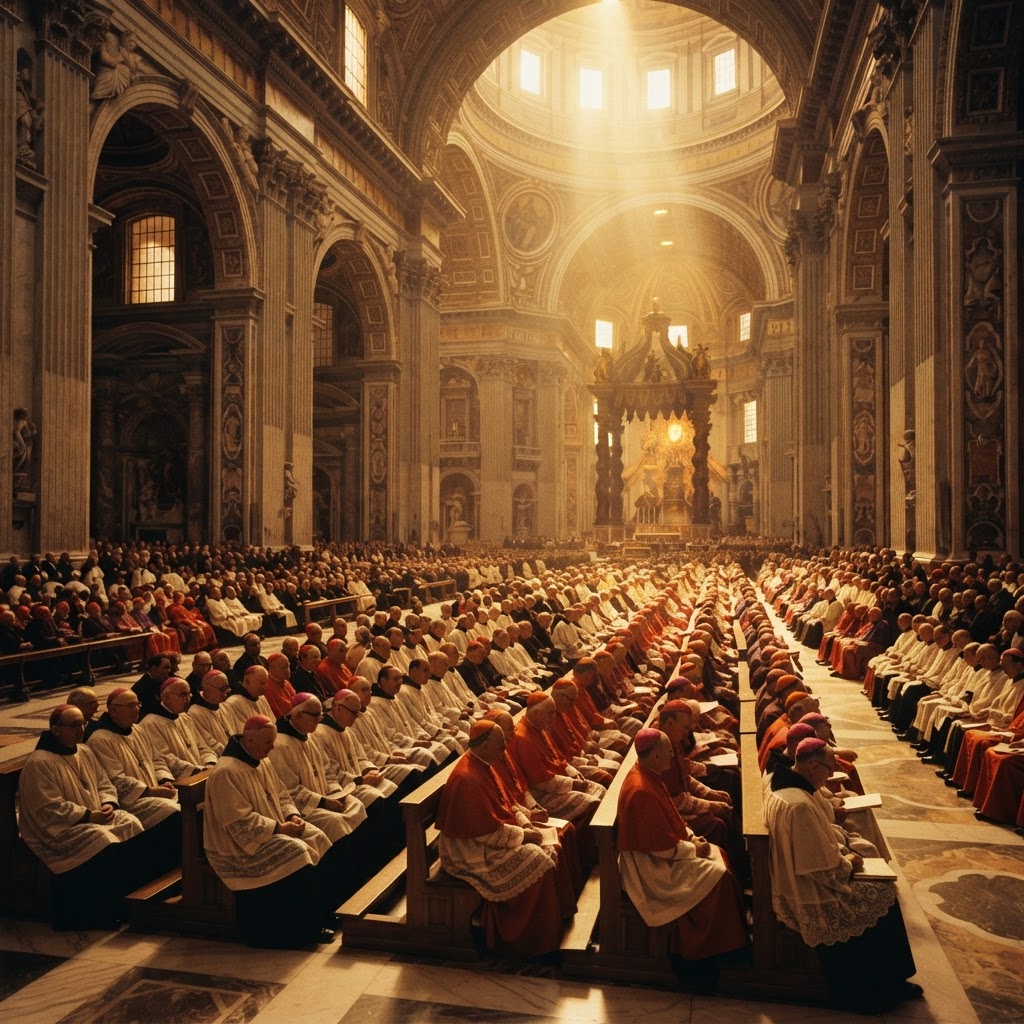 Interior of St. Peter's Basilica during the Second Vatican Council era