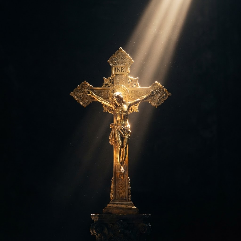 A radiant crucifix emerging from deep darkness