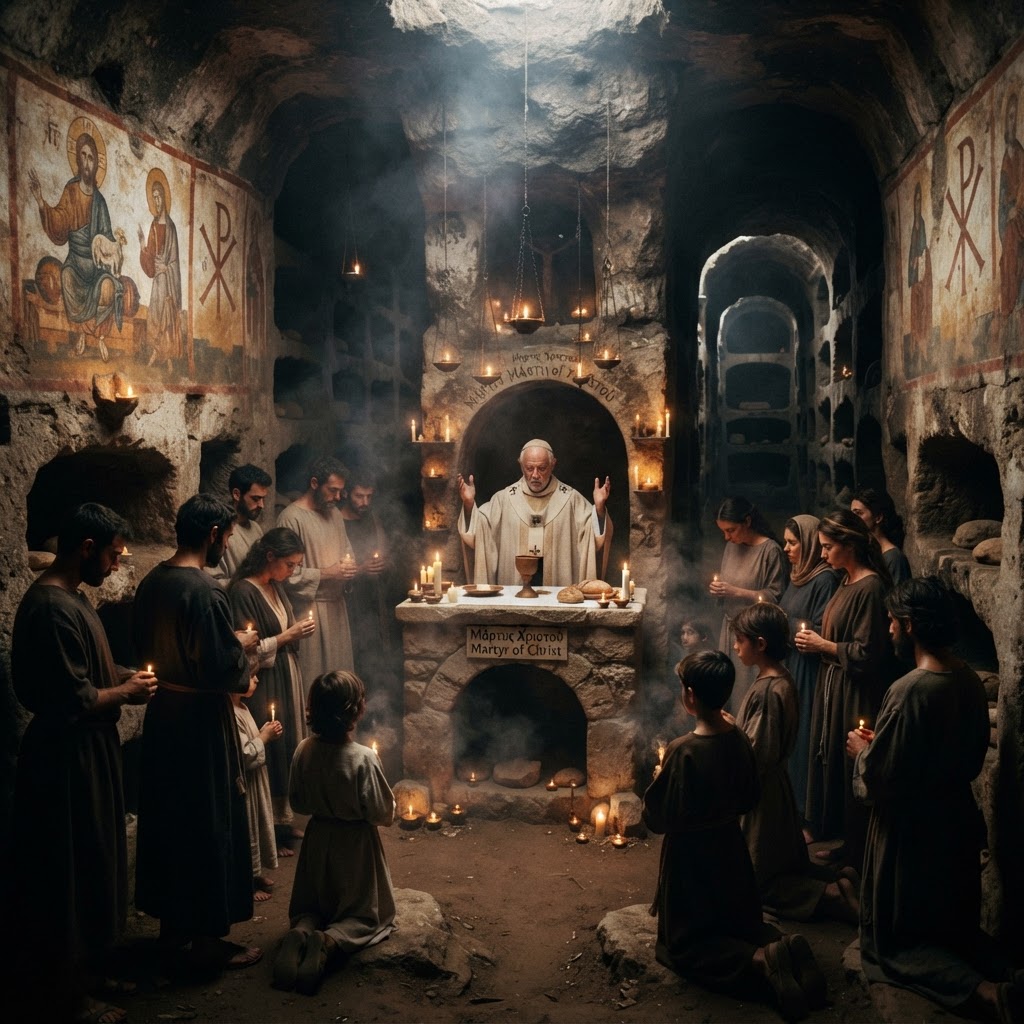 Second-century Christians gathered at a martyr's tomb in the catacombs, lit by oil lamps