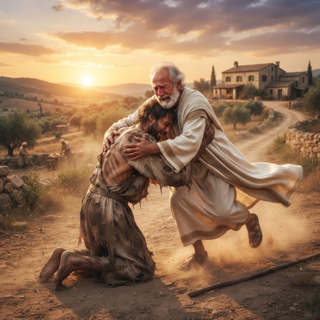The prodigal son embraced by his father in golden sunset light