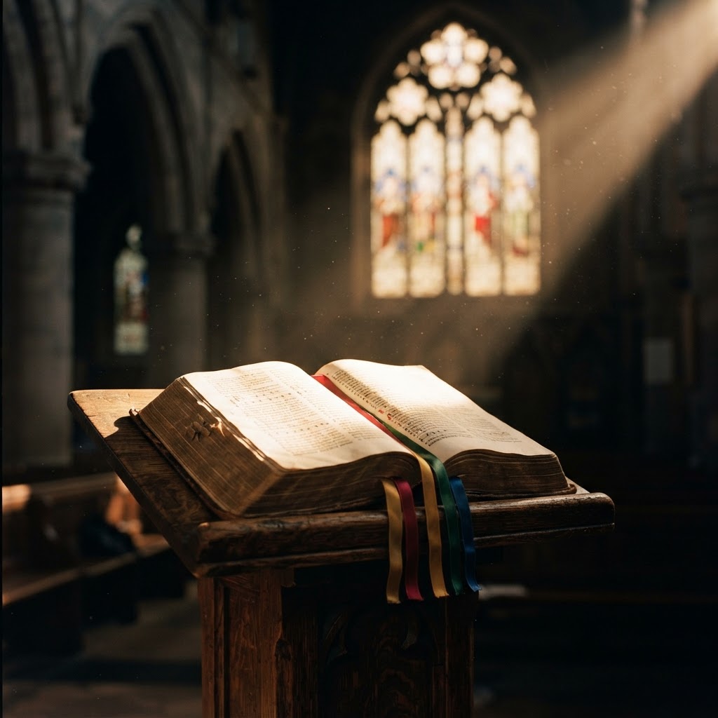 An open breviary with ribbon markers on a lectern in dawn light