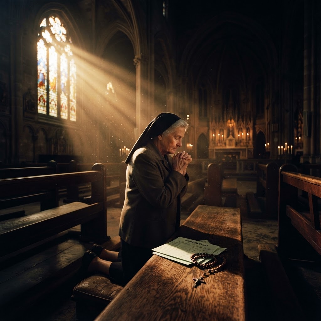 A Catholic voter kneeling in prayer in a candlelit cathedral, a folded ballot and rosary on the pew, golden light through stained glass