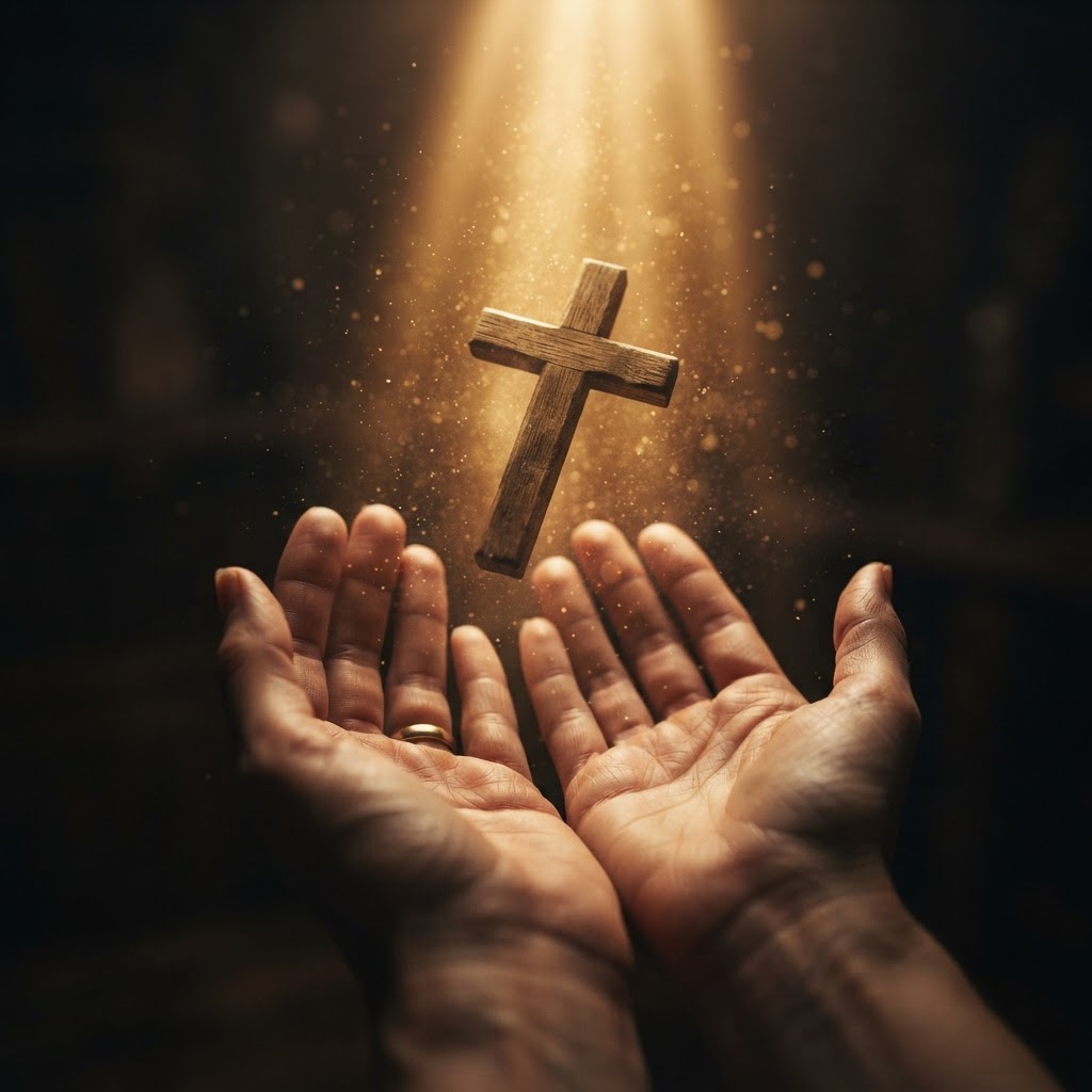 Open hands releasing a small cross upward into a beam of golden light