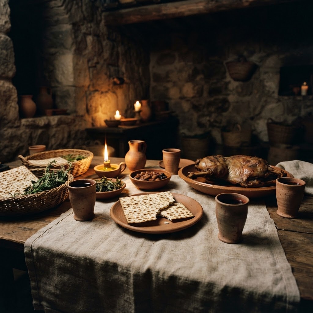 A first-century Jewish Passover table at night: unleavened bread, bitter herbs, a roasted lamb, four cups of wine and burning oil lamps.