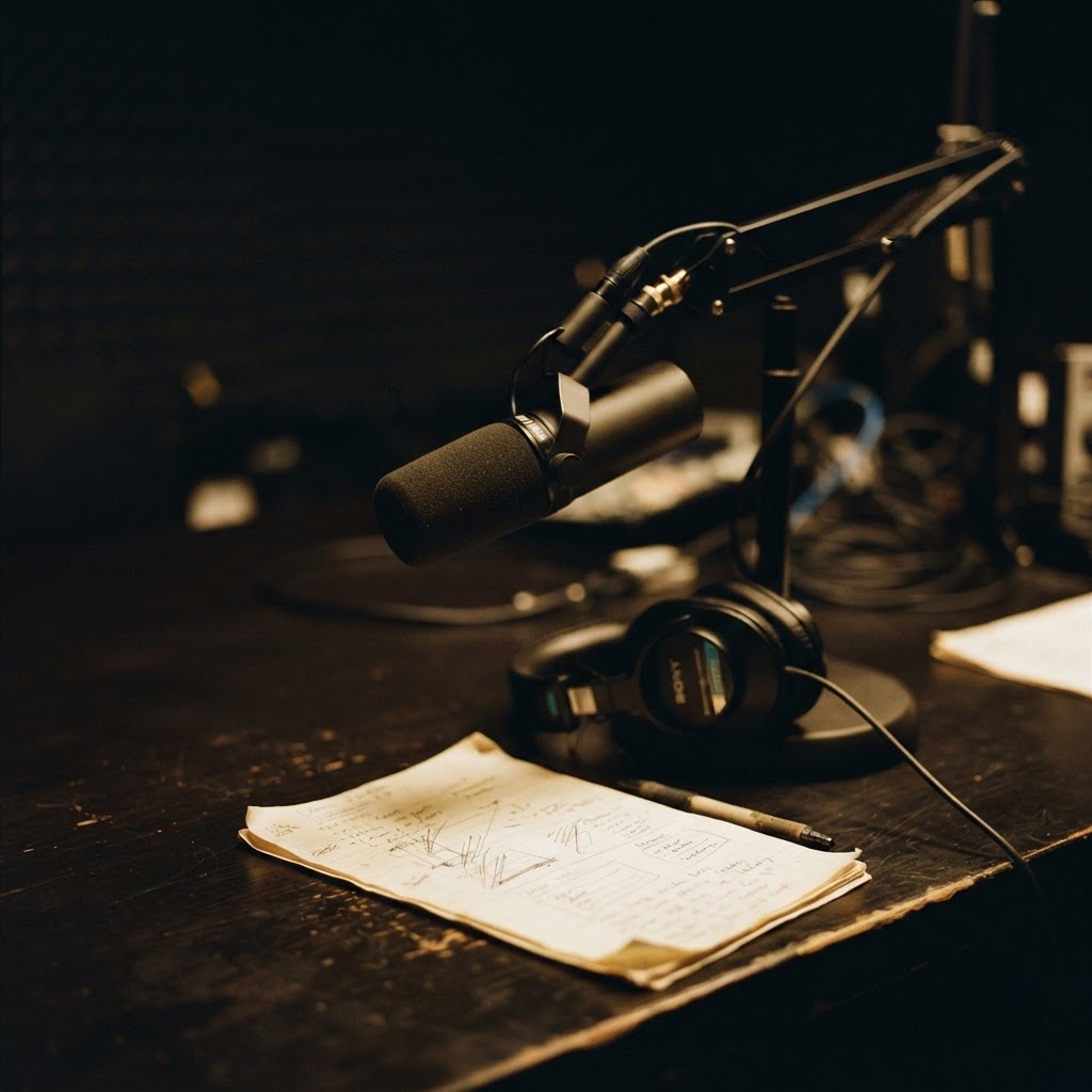A radio studio microphone with headphones and handwritten notes