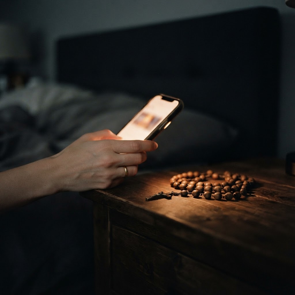 A glowing phone held in a dark room beside rosary beads