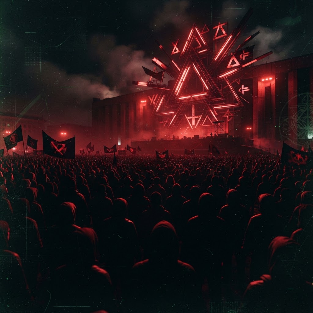 Red-tinted silhouettes of a crowd beneath abstract revolutionary shapes