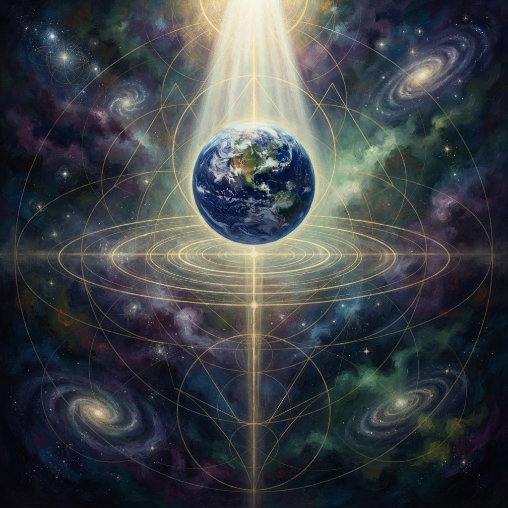 Creation ordered toward Christ — a cross-shaped axis of light through the cosmos