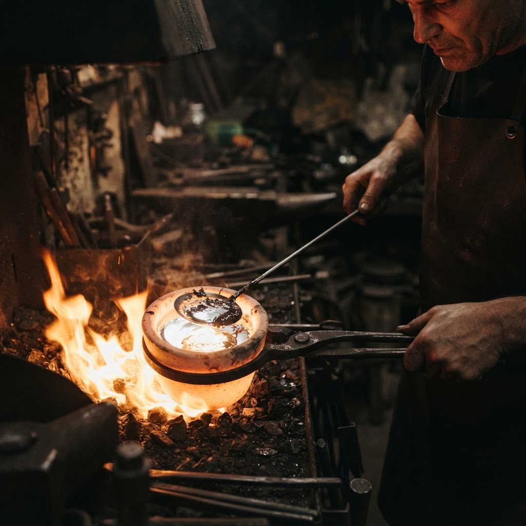 Silver being refined in a crucible, the impurities rising to be skimmed away