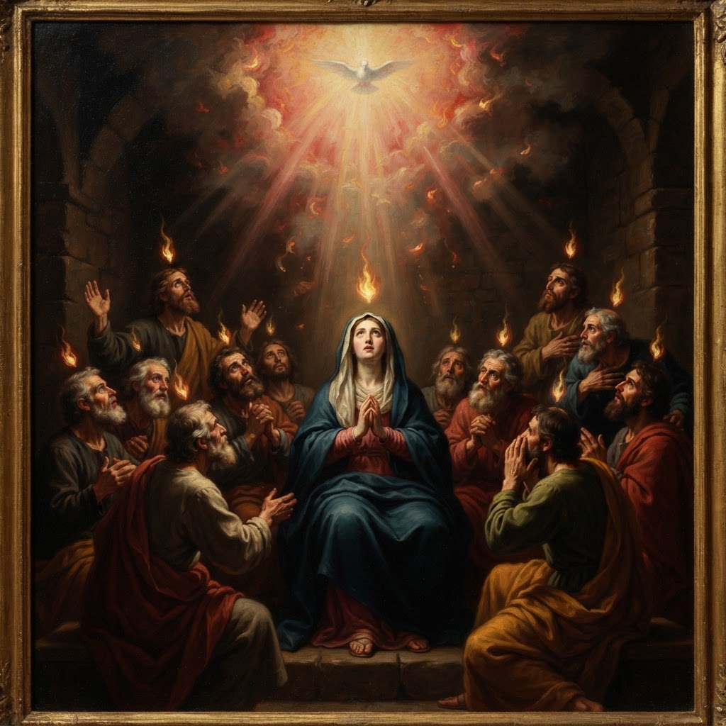 The Holy Spirit descending upon the apostles as tongues of fire at Pentecost