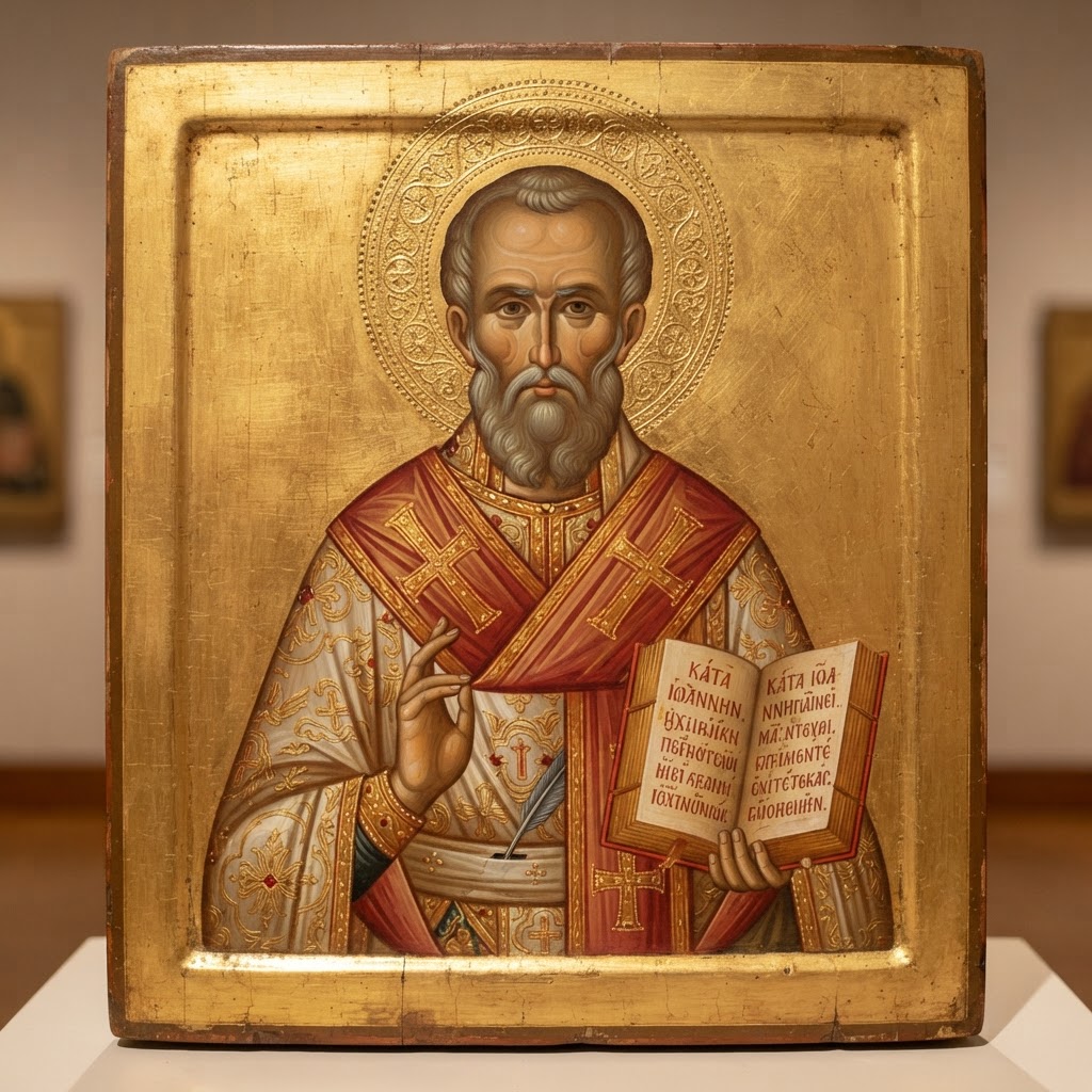 Icon of St Irenaeus of Lyons holding an open book with a quill at his belt