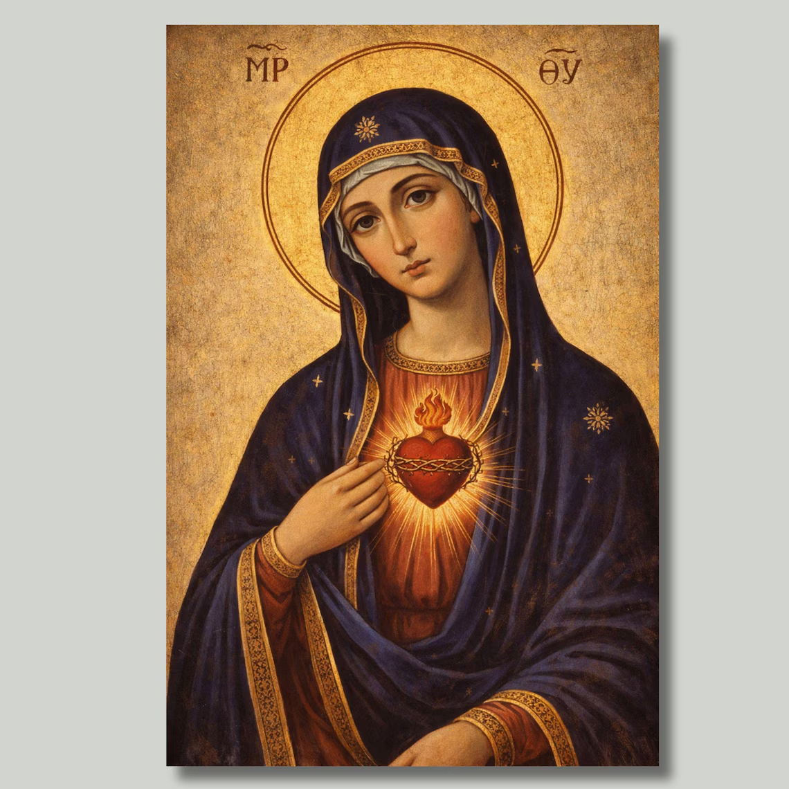 Icon of the Immaculate Heart of Mary: Mary in a blue mantle and red tunic, her hand over a radiant heart encircled by thorns, against a gold ground, with the Greek letters for Mother of God.