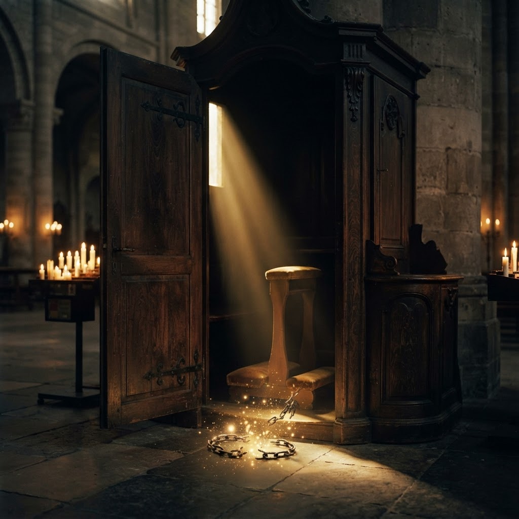 An open confessional in golden candlelight with broken chains dissolving into light