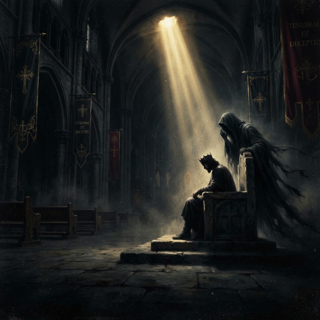 A shadowed throne, a whispering figure, and divine light breaking through the storm