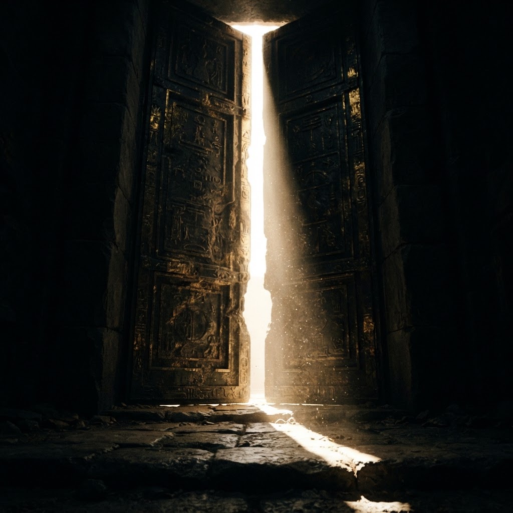 An immense bronze door standing ajar in darkness with brilliant light pouring through