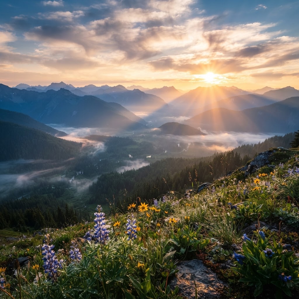 Golden sunrise breaking over misted mountain ridges and a green forested valley