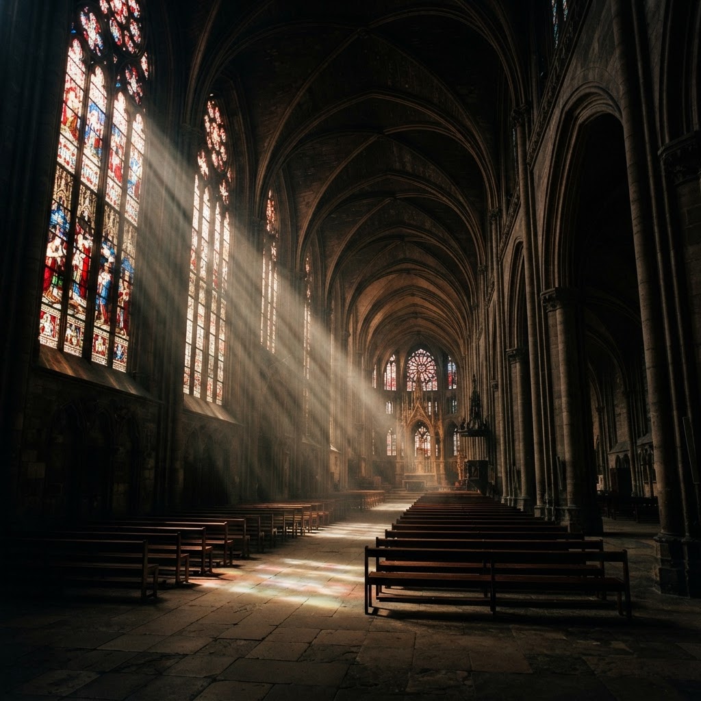 Light falling through the stained glass of a dark cathedral
