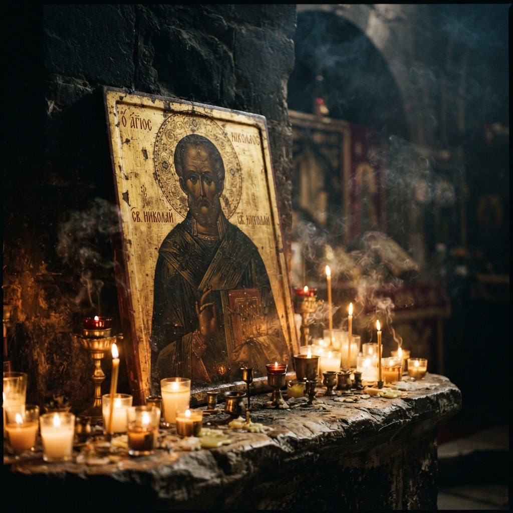 An ancient gilded icon of a saint surrounded by flickering votive candles