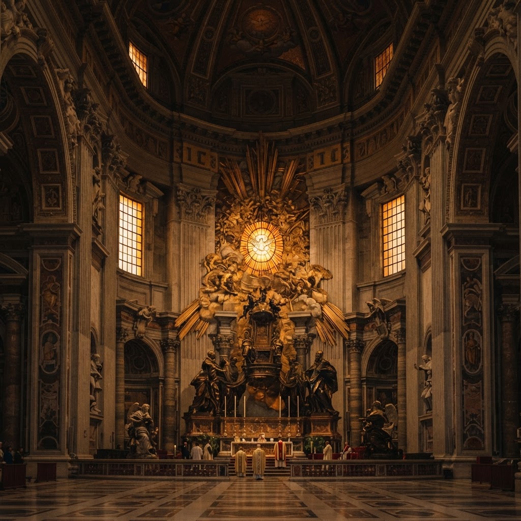 The gilded Cathedra Petri in the apse of Saint Peter's Basilica beneath the glowing alabaster window of the Holy Spirit.