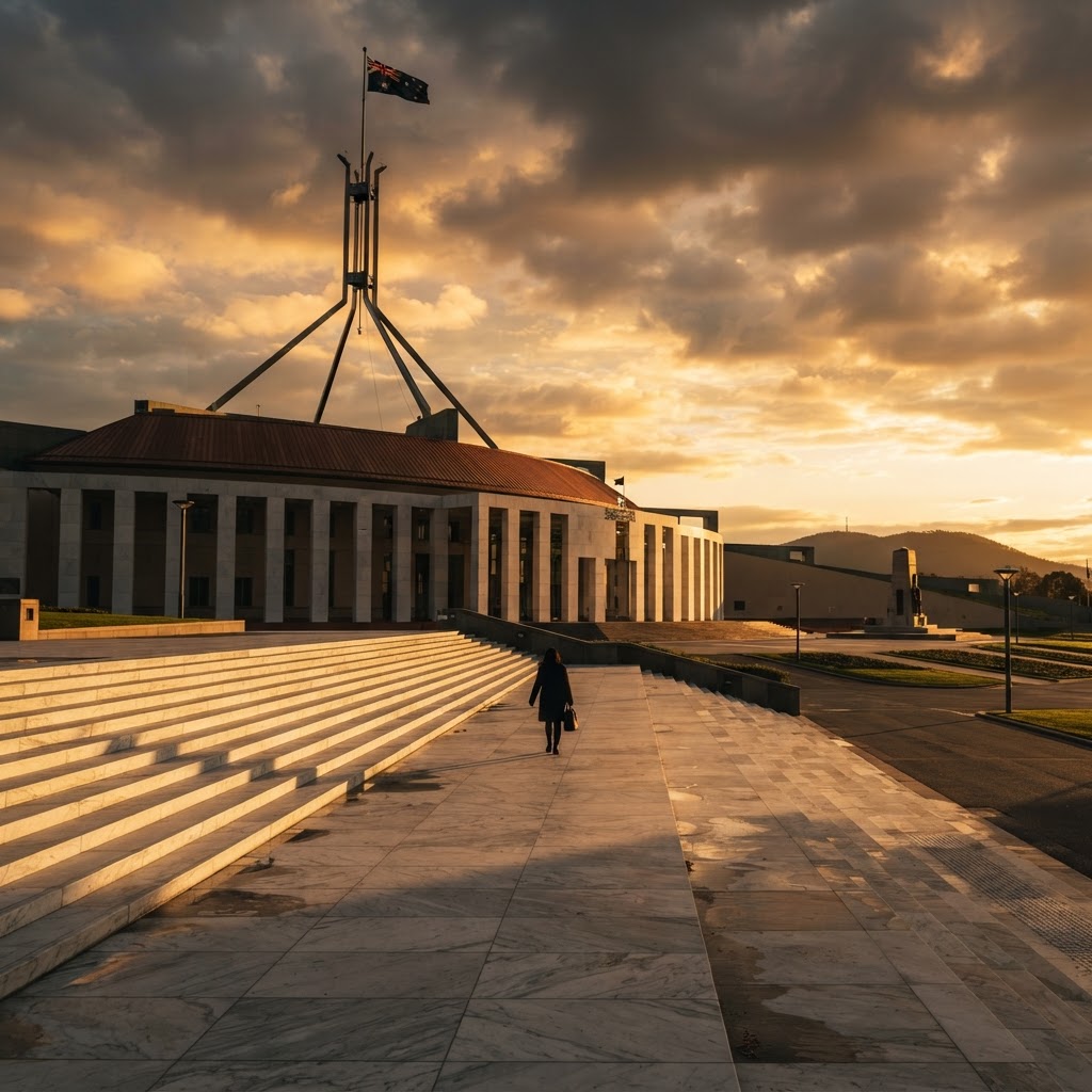 The Australian Parliament House flagmast silhouetted against a dramatic golden-hour sky, a lone figure ascending the marble steps