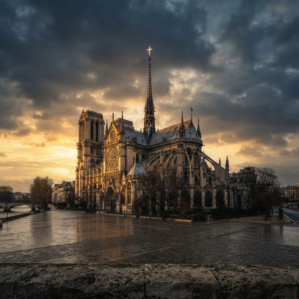 A Gothic cathedral at golden hour with a lone cross atop the spire