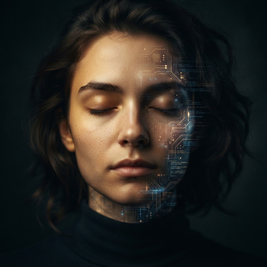 A young face half-lit gold, half-merged with circuitry