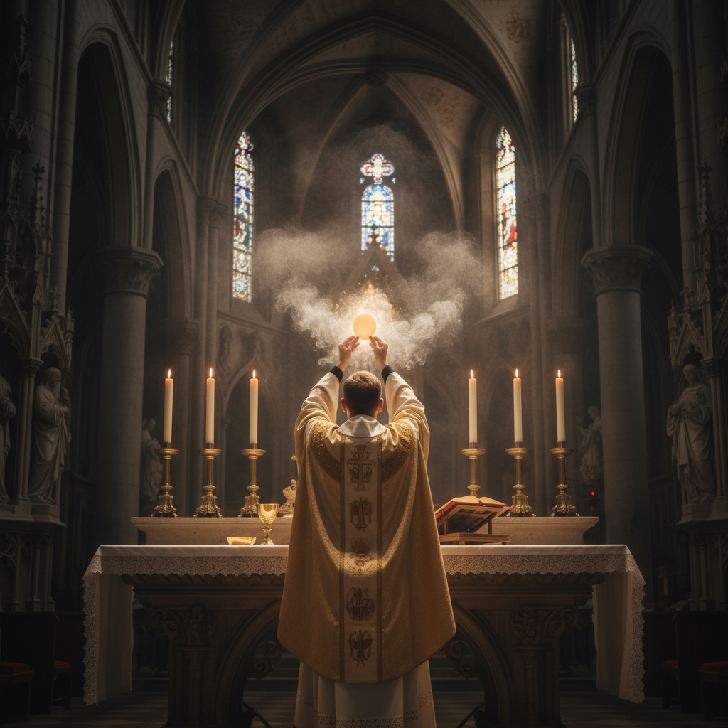 Catholic priest celebrating Mass with elevated host at candlelit altar