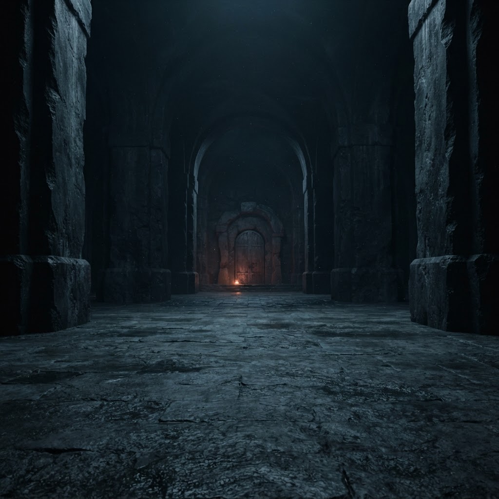 A vast dark stone chamber with a single distant closed iron door and the faintest ember glow beneath it