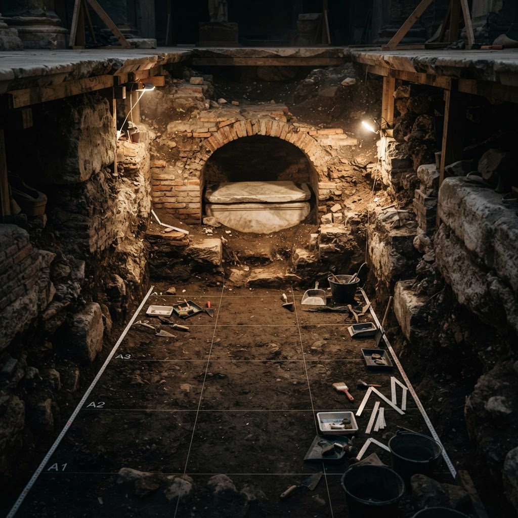 An excavation trench beneath a marble floor with trowels and grid strings, revealing an ancient Roman tomb niche with a marble slab.