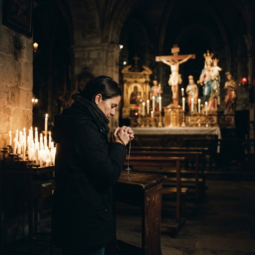 Person kneeling in prayer with rosary before a crucifix in a candlelit Catholic church