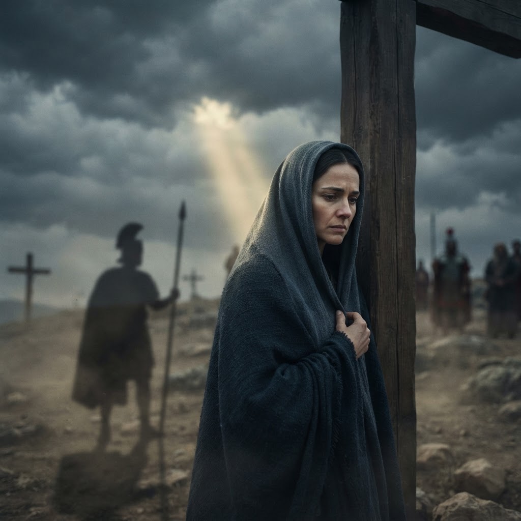The Mother of God standing at the foot of the cross under a dark sky