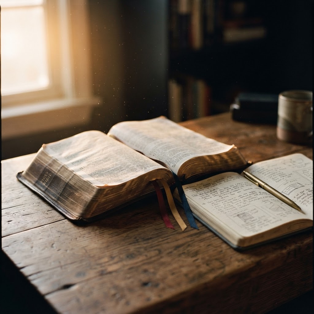 A worn leather Bible open with ribbon markers and a reading journal