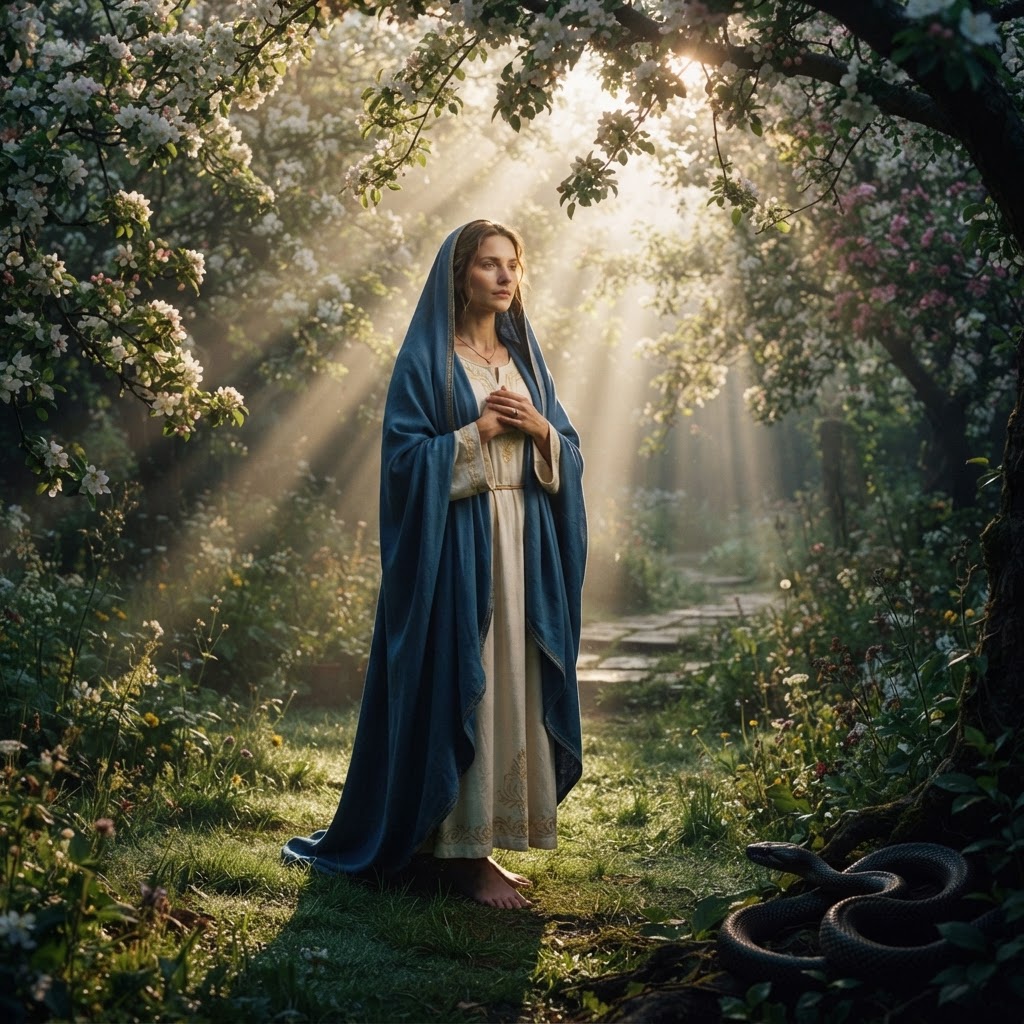 A woman in a deep blue mantle standing in a luminous garden at first light, a serpent coiled in shadow at the far edge.