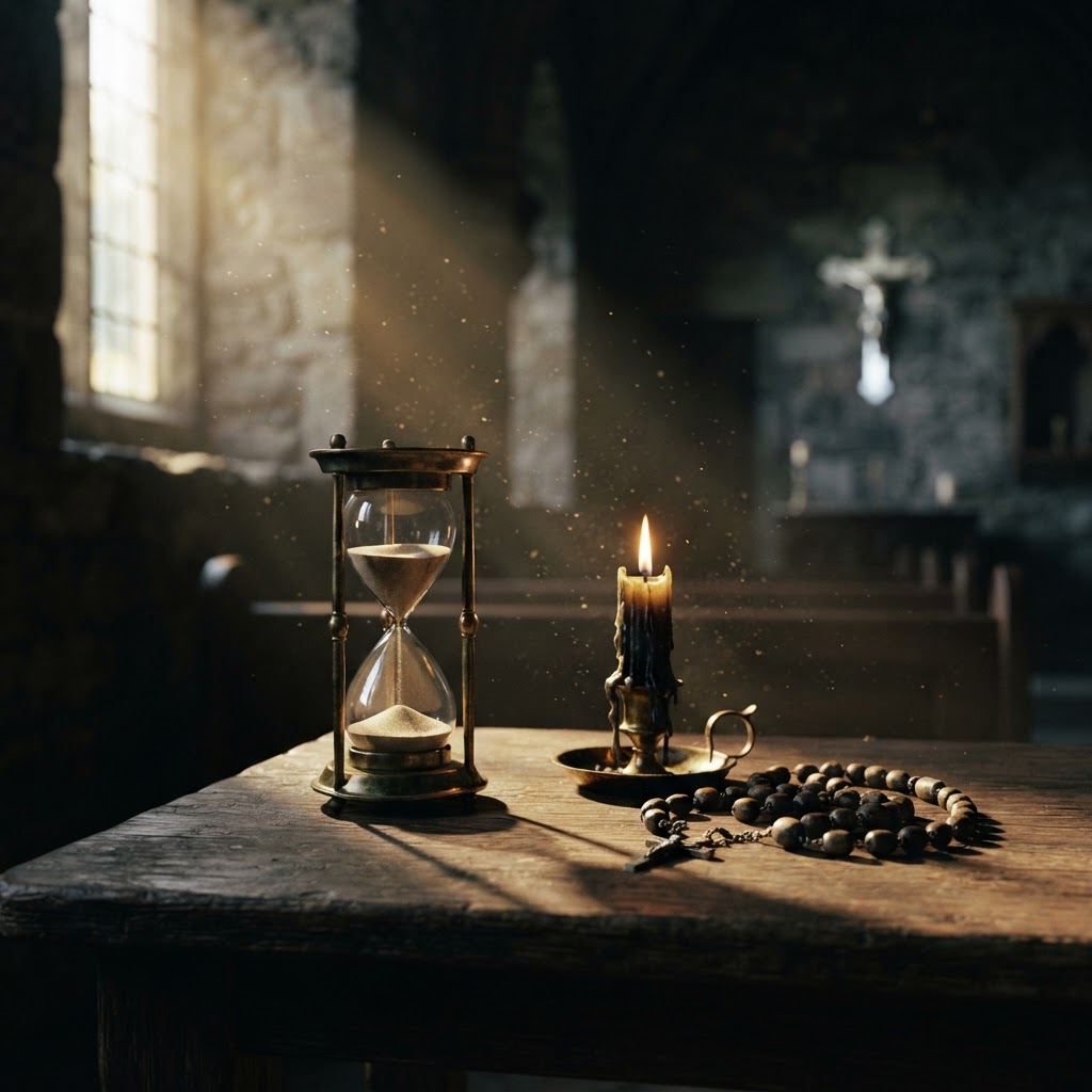 An hourglass, a guttering candle and a rosary on a dark chapel table