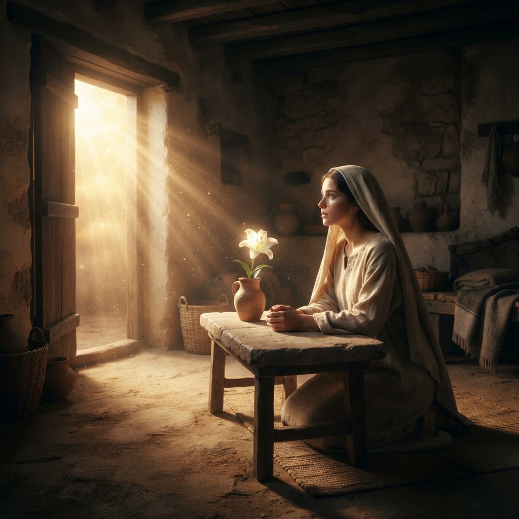 The Annunciation — a young woman in a Galilean house turning toward a radiant light