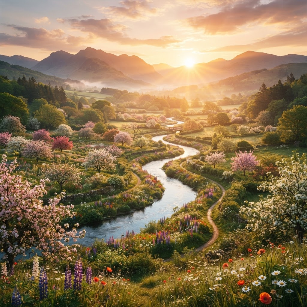 A radiant dawn over a lush garden valley with a clear river winding through blossoming trees