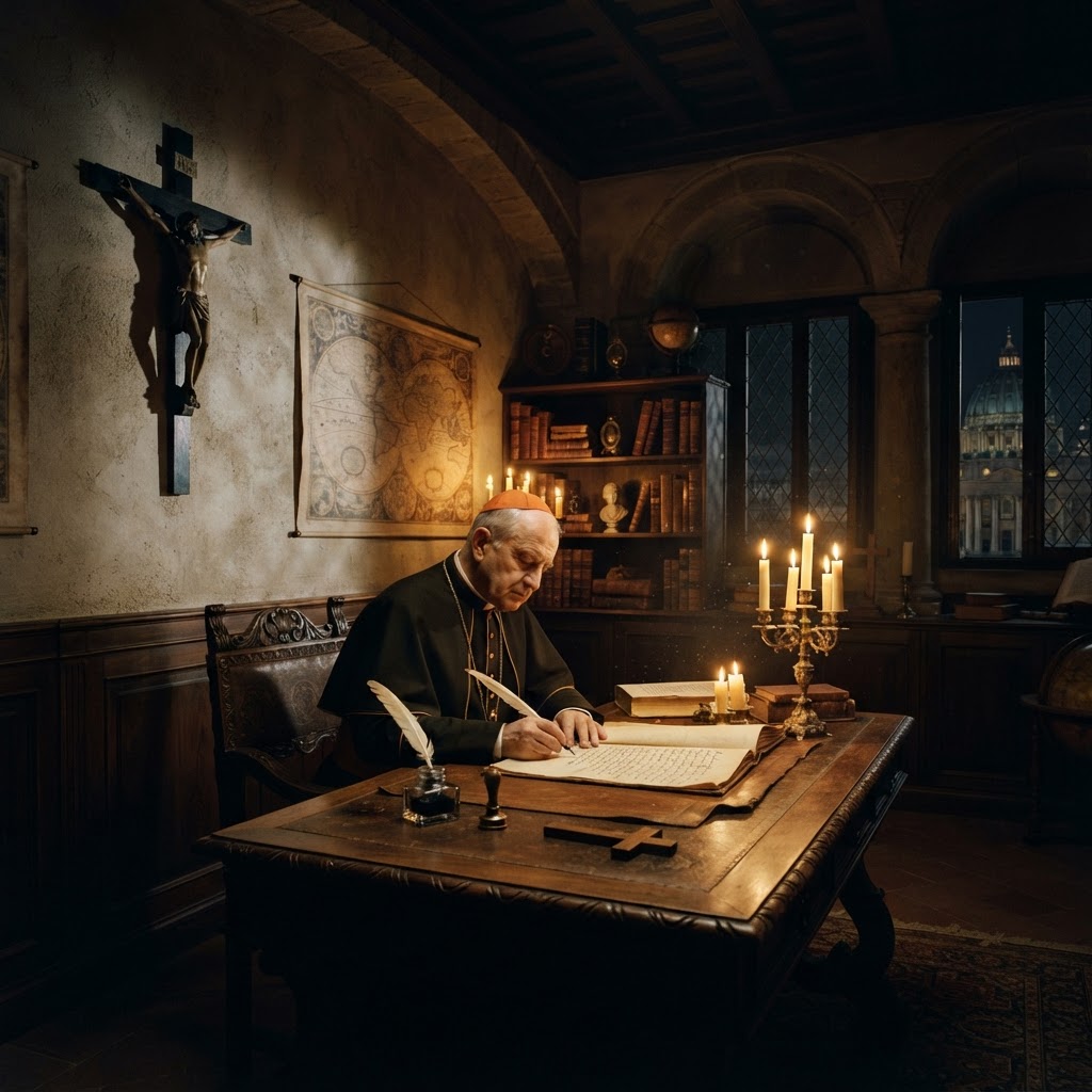A candlelit Vatican study with an open encyclical and a crucifix shadow
