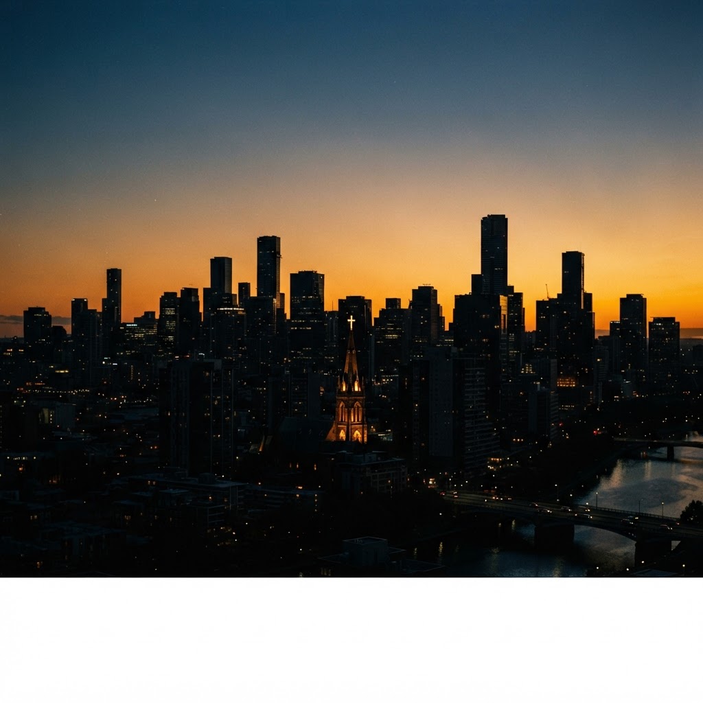 A modern city skyline at dusk with a single glowing church steeple amid the towers