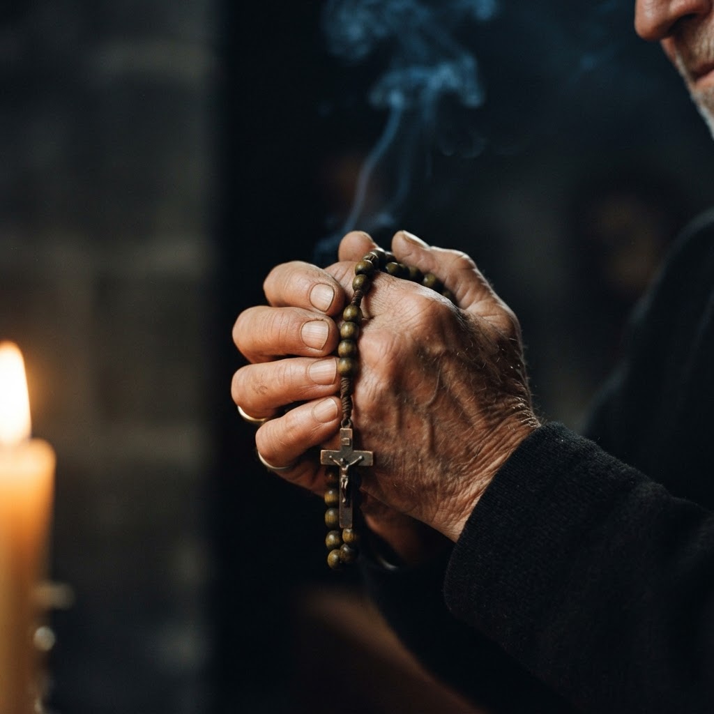 Hands gripping a wooden rosary in warm golden candlelight