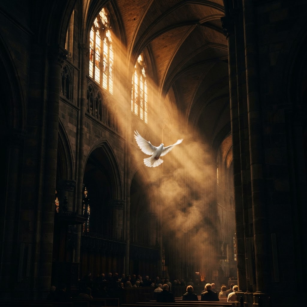 A radiant white dove ascending into shafts of golden dawn light in a cathedral nave