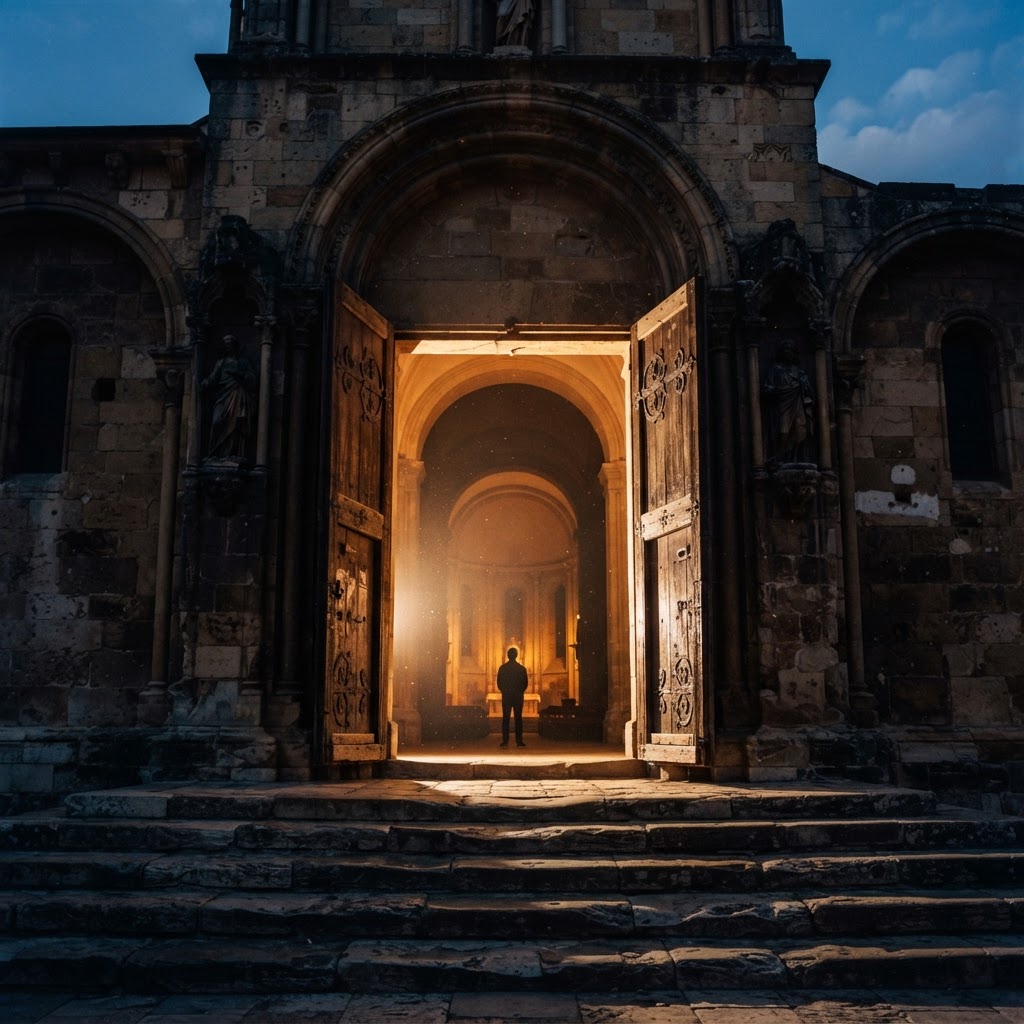 Church doors standing open at dusk with golden light flooding onto the steps