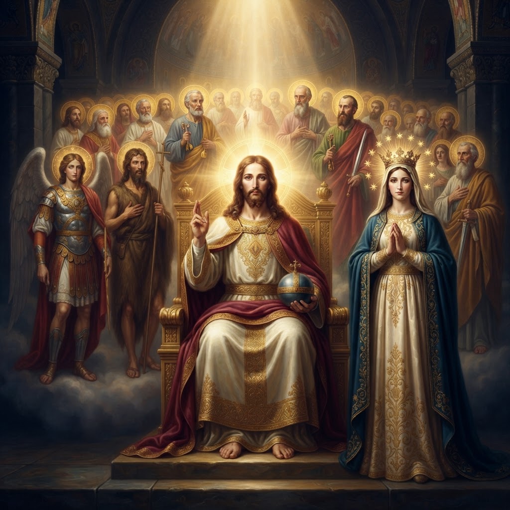 Christ the King enthroned with Mary as Queen Mother of the Church at His side, with the saints gathered behind