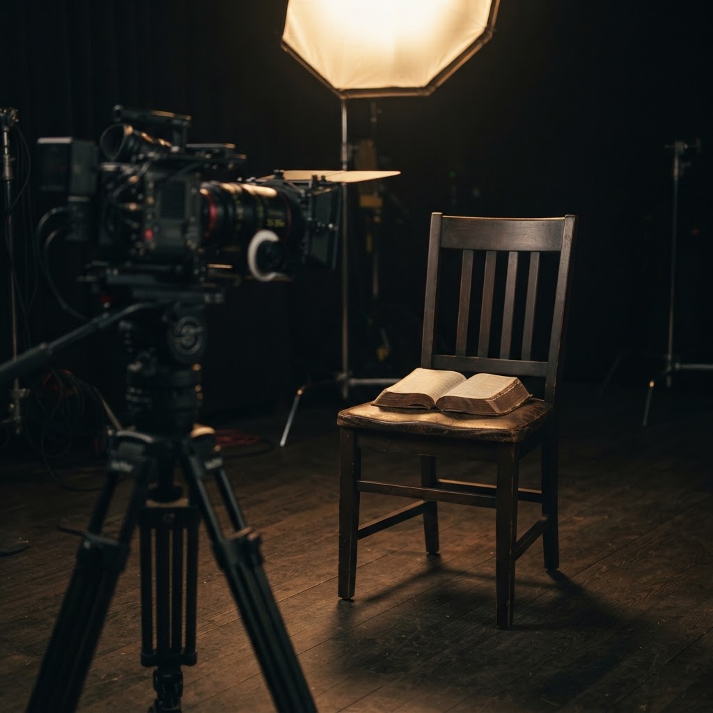 A video camera on a tripod filming a chair with an open Bible in a dark studio