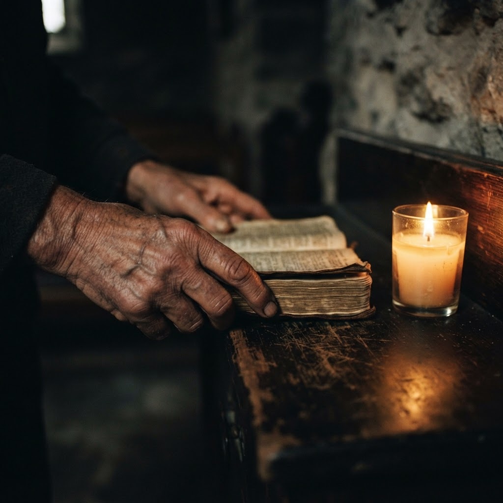 Weathered hands placing an open Gospel beside a candle in a dim chapel